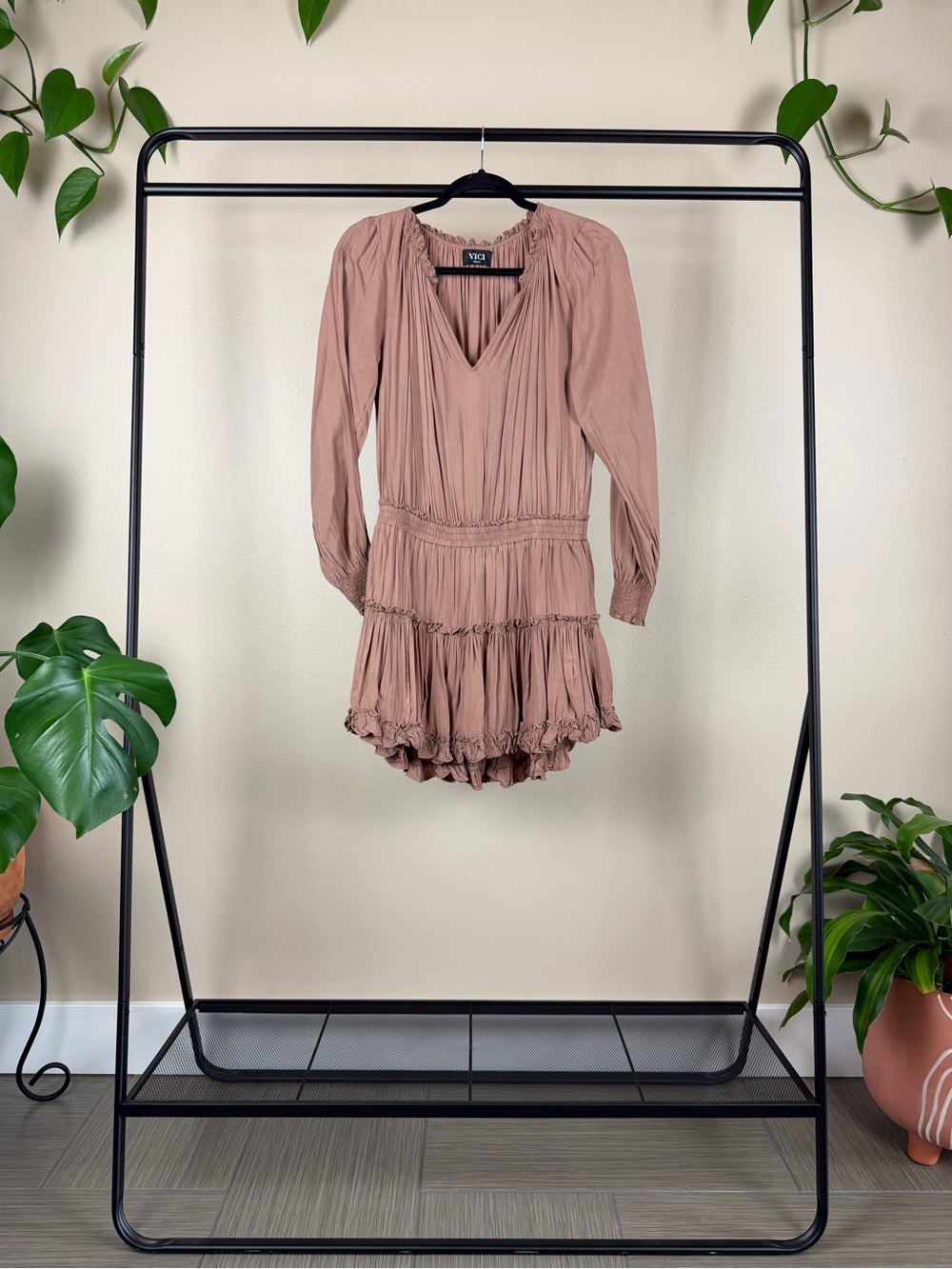 Vici Dusty Rose Long Sleeve Tiered Romper